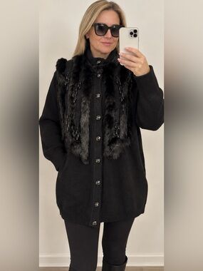 Beta’s Choice Black Fur Trim Embellished Long Cardigan